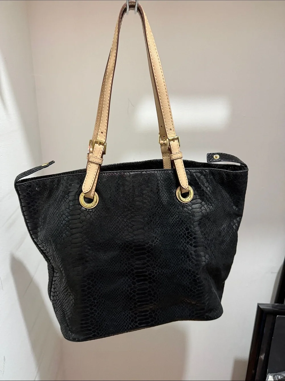 Michael Kors Black Faux-Snake Tote with Tan Shoulder Straps